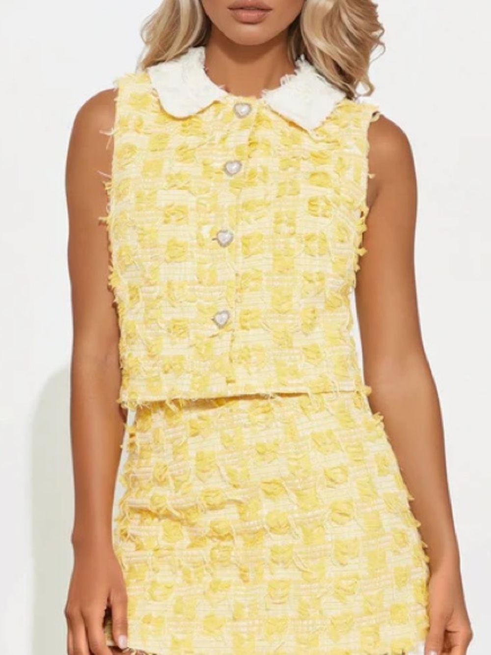 Yellow Tweed Two-Piece Set with White Collar